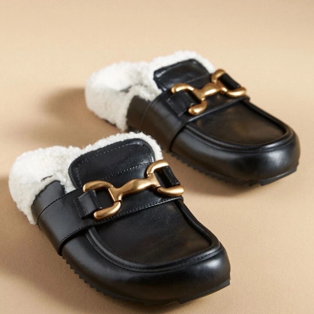 Bibi Lou Zagreb Sherpa Lined Clogs Black Leather Ivory platform wedge base